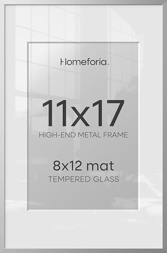 Image of Homeforia 11 x 17 Frame Silver, High End Metal 11x17 Picture Frames with Mat 8x12 for Photo, 11 x 17 Silver Poster Frame Matted to 8 x 12 Print, 17x11 Hanging Frame, Tempered Glass, Wall Kit, Set of 3