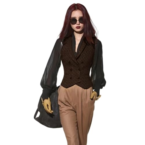 Women's Double Breasted Vest Lapel Casual Skinny Herringbone Tweed Waistcoat Sleeveless Jacket