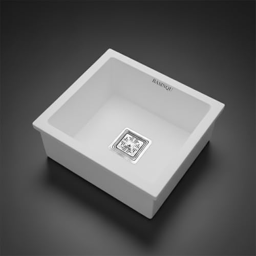 Image of BASINQU Quartz Sink for Kitchen | 18x16x9 Inches White Single Bowl Kitchen Sink | Granite UV Protected, Granite Scratch Resistant, Undermount /Topmount