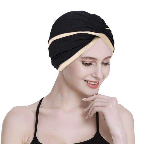 XEPST 2 Pieces Turbans for Women, Soft Pre Tied Knot African Turban Head Wraps Chemo Headwear Pleated Beanie Cap Sleep Hat Hair Loss Hat Chemo Cancer Cap for Women4