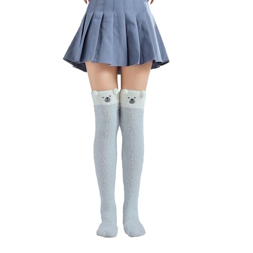 Image of Thigh High Fuzzy Socks Cute Animal Coral Fleece Over the Knee Thigh High Long Stockings Warm Stripe