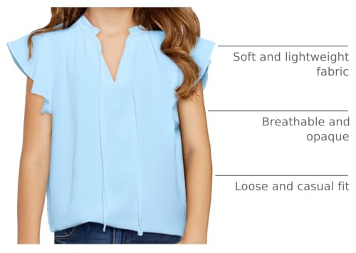 Image of DOKOTOO KIDS Girls Short Sleeve Blouse Dress Shirt Top Size 7-15 Years Old | None Elastic Fabric, Ruffle V Neck, Pull on, Solid Collared Formal, Flowy Casual Flutter Spring Summer Western Top