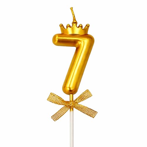 Image of Rozi Decoration Number 7 Birthday Candle for Cake with Crown Design | Gold Metallic Number Candle with Stick | Seventh Birthday Cake Topper for Baby, Kids and Party Celebration