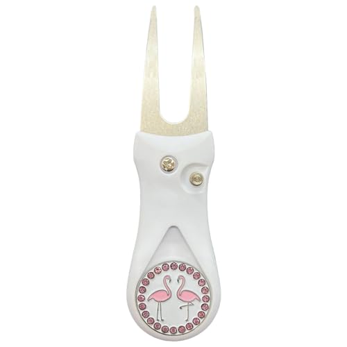 Giggle Golf White Plastic Divot Repair Tool with Metal Bling Flamingos Golf Ball Marker | Foldable Switchblade Divot Tool