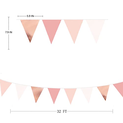 32Ft Dusty Blush Pink Rose Gold Bunting Banner Party Decorations Fabric Triangle Flag Pennant Garland Streamers for Birthday Wedding Baby Bridal Shower Anniversary Outdoor Garden Hanging Decoration - Image 2