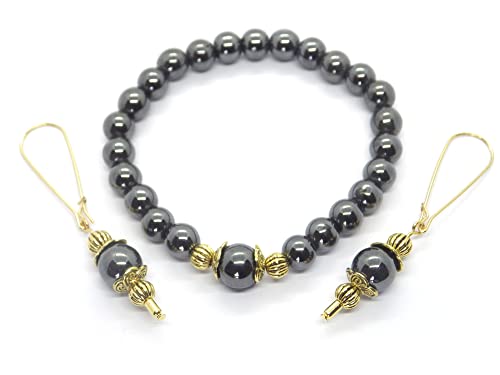 Parure boucles d'oreille et bracelet en hématite noire : l'éclat du métal doré vintage