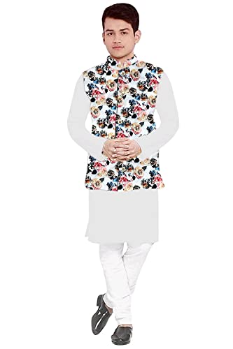 Image of Os Men's & boy kurta pyjama set with nerhu jackets (Multi printed) in cotton (baap beta|father son|)