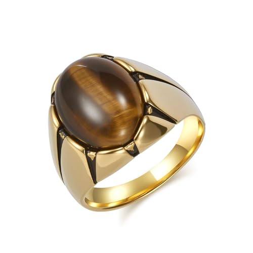 Bague acier inoxydable 18mm œil de tigre pour homme, anneau chevalière large doré taille 59