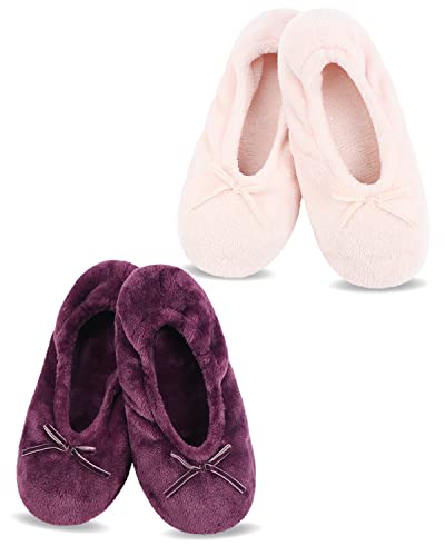 Panda Bros 2 Pairs Women's Ballerina House Slippers, Anti-Skid Comfy Warm Ballet Style Slippers