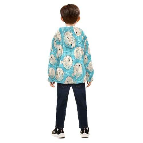 Pufferfish Blue Fish Pattern Toddler Fleece Jacket Girl Boys Hooded Fleece Jacket Coat Warm Outwear Zip-up 3-10T4