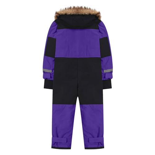 Children's Ski Suit Insulated Snow Bib Overalls Thermal Warm Snowsuit with Removable Hood Mud (Purple #1, 6-7 Years)2