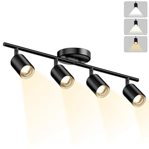 LED 4 Light Track Lighting Kit, Black Ceiling Spotlights, Modern Track Light Fixture with Flexibly Rotatable Light Heads for Kitchen, Living Room, Bedroom, Includes 4 x GU10 Bulb