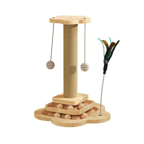 UYTON 猫爪とぎ 猫爪とぎポール ボール 爪とぎ 爪研ぎ ターンテーブル 回転盤 おもちゃ付き 縦置き型 運動不足やストレス解消 安定 頑丈 天然サイザル麻 木製 組み立て簡単 猫用品 (木の色)