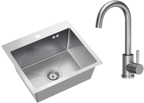 VBChome Edelstahlspüle mit Armatur 50 x 45 cm Gebürsteter Edelstahl Einbauspüle mit Hahnloch Edelstahl Küchenspüle Spüle Groß Becken Ablaufgarnitur Siphon Edelstahlspüle Gebürstet mit Armatur
