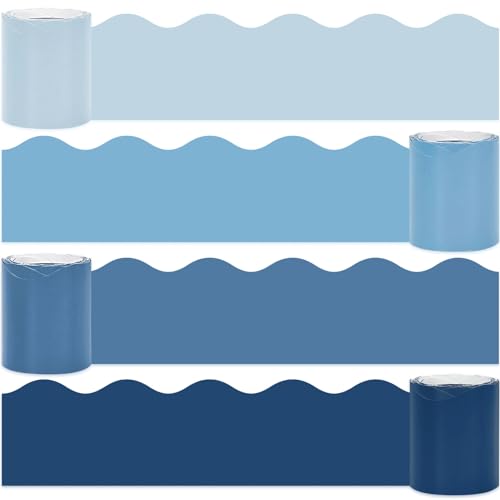 Image of Whaline 65.6 Ft Blue Bulletin Board Borders 4 Rolls Blue Series Die-Cut Board Trim for Summer Back to School Classroom Office Chalkboard