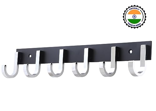 Image of Aluminium Cloth Hanger for Wall, Clothes Hook Hangers Door Mounted, Bathroom Hooks for Hanging Towel, Wall Mount Shirt Hangers, Dress Holder Hooks - 6 Pin-XL, Pack of 1, Black and Silver