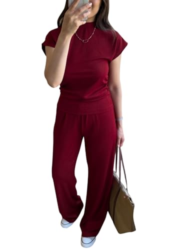 Image of Women's 2 Piece Outfits Casual Summer Cap Sleeve Ribbed Pant Sets Tracksuit