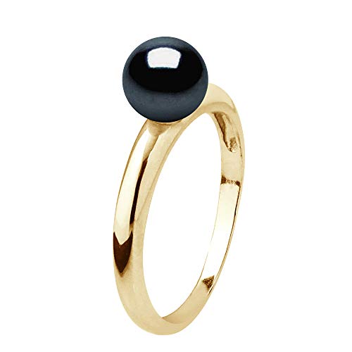 PEARLS & COLORS - Bague Véritable Perle de Culture d'Eau Douce Ronde 6-7 mm - Coloris Black Tahiti - Qualité AAA+ - Disponible en Or Jaune et Or Blanc -...