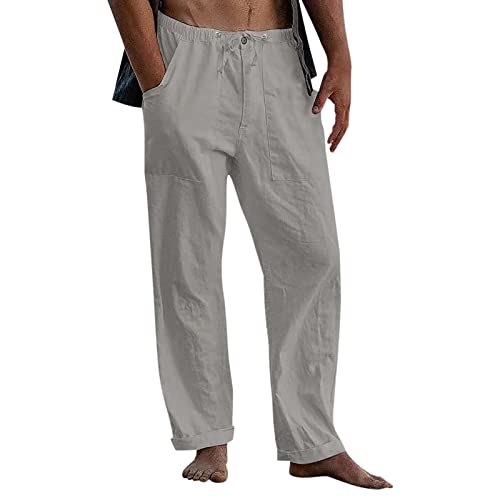 Image of Beokeuioe Men's Linen Trousers Men's Long Summer Trousers Wide Lightweight Loose Fit Casual Trousers Yoga Holiday Beach Trousers with Drawstring Airy Sun Protection Linen Jogging Bottoms, gray, XXL