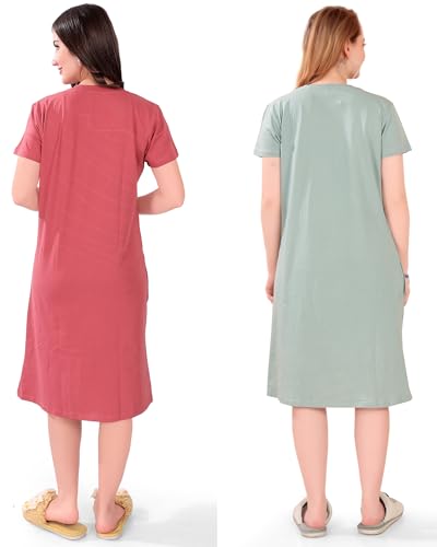 Image of Printed Knee Length Pocket Night Dresses for Women | Cat Lover | Premium Soft Cotton Nighty | Blue and Maroon