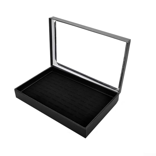 Hasaller Caja expositora de anillos de piel sintética con 100 ranuras, cubierta transparente para almacenamiento, exposición y regalo (negro)