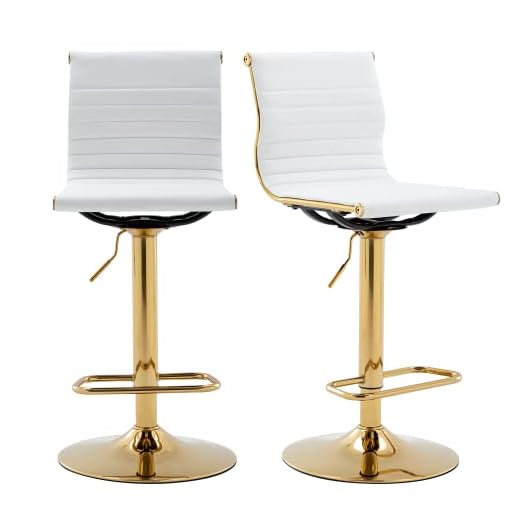 chairus Modern Swivel Bar Stools Chairs Set of 2, Adjustable Counter Height Barstools Armless PU Leather Stools with Footrest and Back Handle for Living Room Kitchen Island, Gold Base, White - 2PCS