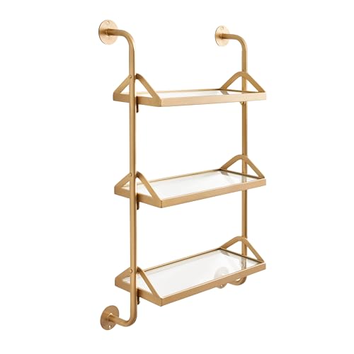 Kate and Laurel Marit Three-Tiered Wall Shelf; 18 x 6 x 30; Gold; Glam Decorative Floating Shelf Storage and Wall Organizer for Over the Toilet Storage Bathroom Display