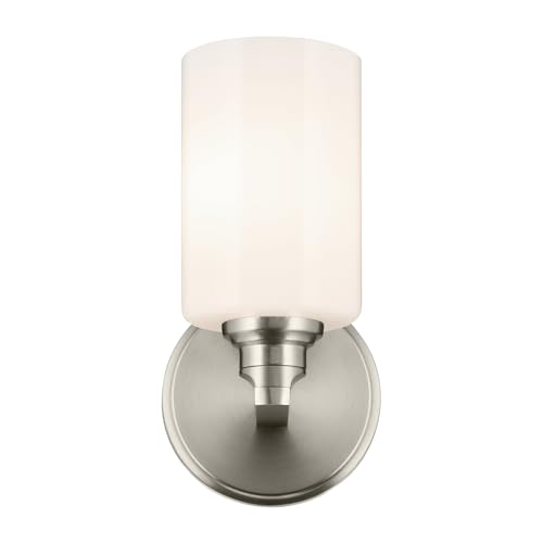 Image of Kichler Gioe 5 inch 1-Light Wall Sconce with Opal Glass in Brushed Nickel, Damp Rated, for Powder Room, Bathroom, Kitchen, Hallway, Bedroom, Fireplace, (5 inch W x 9.5 inch H), 55224NI