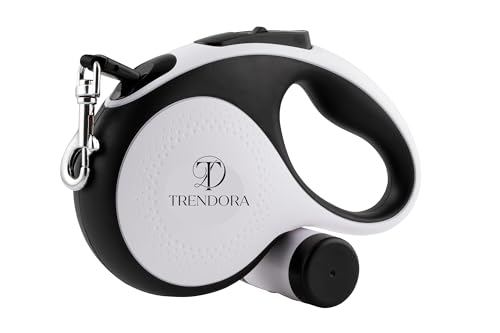 TRENDORA Heavy duty 360 Tangle-Free Retractable Dog Lead with Detachable Poo Bag Holder & 15 Poo Bags | For Dogs Upto 30Kg | Soft Anti-Slip Handle | One-Handed Operation | 5m Length