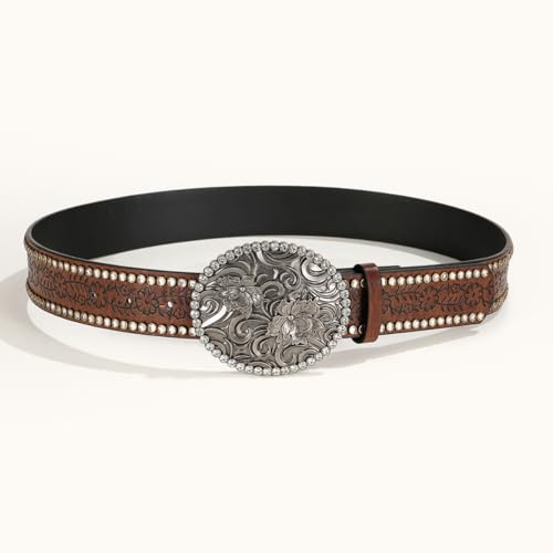 Image of Western-Leather-Belts-Women Vintage Waist-Belts with Hollow Out Flower