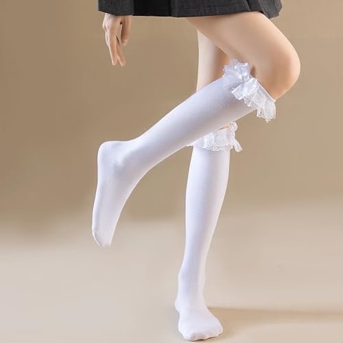 Image of AMHRLINGTO Women's Lace Ruffle Frilly Ankle Socks - Girl Cotton Knee High Socks with Bow Lace Ruffle Trim
