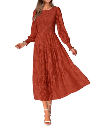 BTFBM Wedding Guest Dresses for Women Fall Fashion 2025 Casual Long Sleeve Floral Maxi Boho Homecoming Dress(Brick Red,Large)