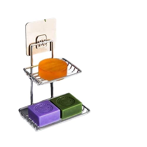 MONIT Wall Mounted Double Layer soap Dish Holder Stainless Steel Wall Hanging Soap Storage Rack for Kitchen Bathroom-with Self Adhesive Magic Sticker (Silver)-image-25