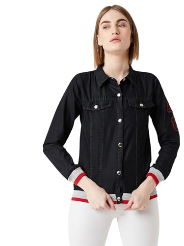 Image of Miss Chase Women's Polo Neck Full Sleeves Patch Pocket Denim Overcoat Knee-Length Jacket