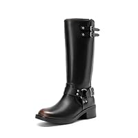 DREAM PAIRS Women's Knee High Boots Side Zipper Motorcycle Boots Square Toe Chunky Low Heel Fashion Buckles Biker Riding Boots,Size 8,Black/Brown,SDKB2412W