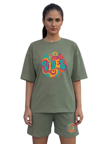 Image of CHKOKKO Cord Set for Women Cotton Blend Co-ord Set Stylish Graphic Printed Oversized T-Shirt Top Half Sleeves and Shorts Set Summer Coord Sets Casual Lounge Wear