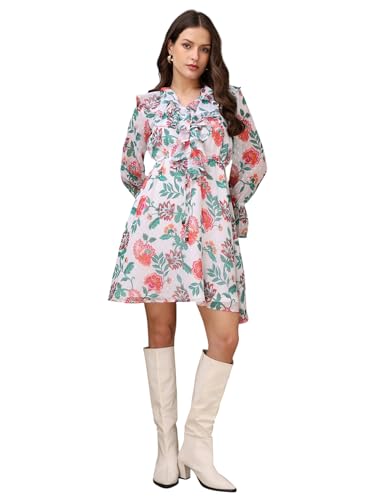 Image of PURVAJA Women's V-Neck Georgette Mini Dress (Floe-105-107)