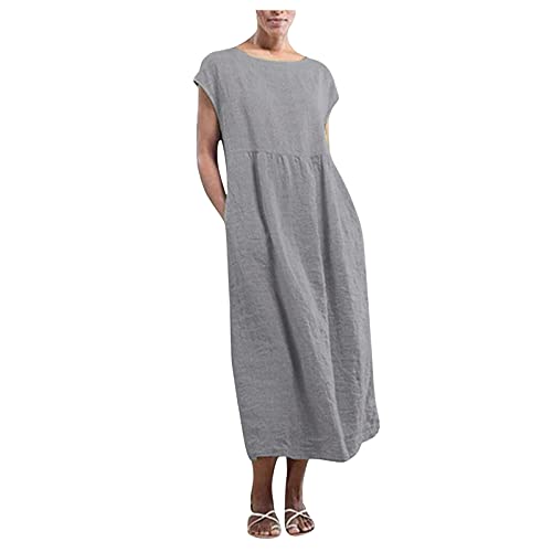 Summer dresses for women,women's o-neck solid linen dress sleevel…