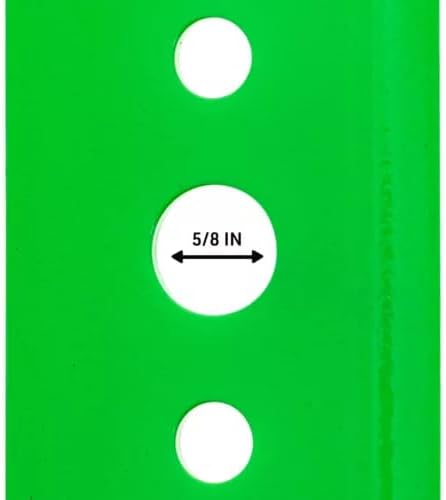 Close-up view of the center hole of a green mulching mower blade, showing a 5/8 inch measurement.