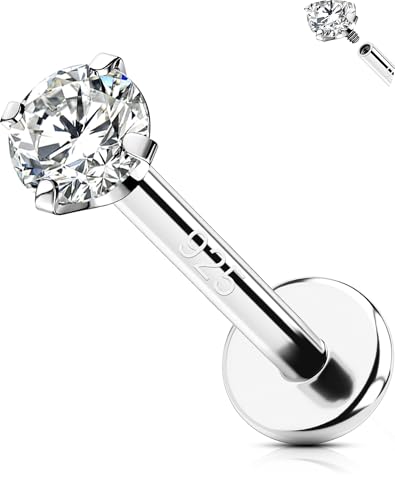 OUFER 925 Sterling Silver Flat Back Earrings 3mm Clear CZ 16G Helix Piercing Jewelry Silver Internally Threaded Cartilage Earrings Stud Silver Lip Labret Rings for Women-8mm