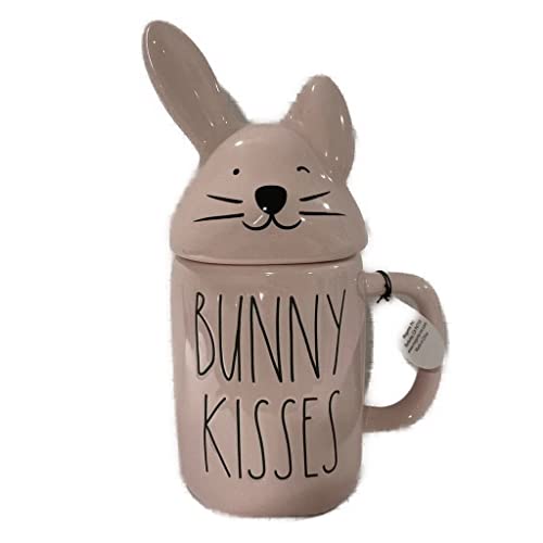 Rae Dunn BUNNY KISSES Mug - with Ears topper - PINK - EASTER - 16 oz - Dishwasher and...