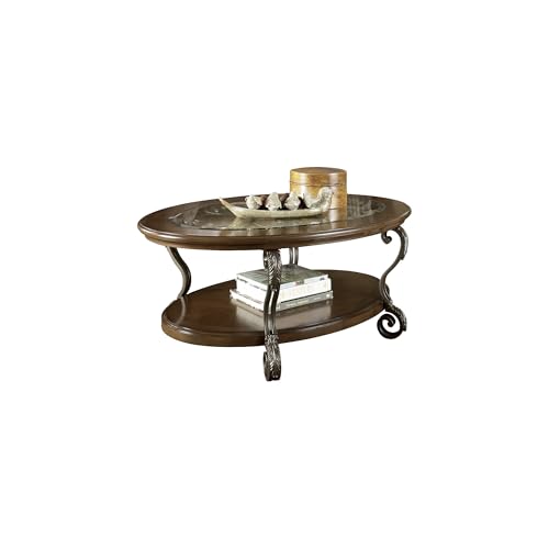 Signature Design by Ashley Nestor Traditional Oval Coffee Table with Beveled Glass Top, Scrollwork Underlay and 1 Fixed Shelf, Dark Brown