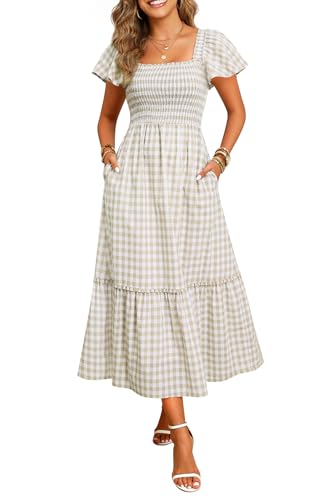 Flowy Summer Dress Easter Gingham Smocked Maternity Khaki Casual Midi Boho Square Neck Flutter Sleeve Dress Pockets 2026