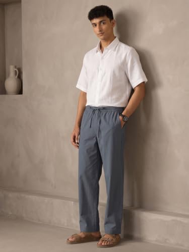 Image of SAADAA Men's 100% Cotton Pants | Mid-Rise Straight Fit Casual Trousers with Elastic Waistband and 3 Pockets | Everyday Wear