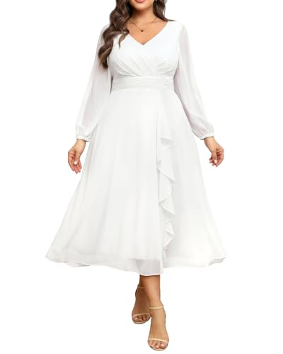 Pinup Fashion Kleider in Übergröße für Hochzeitsgäste – 2025 formelles langärmeliges Chiffon-Midikleid für den Herbst, Weiss/opulenter...