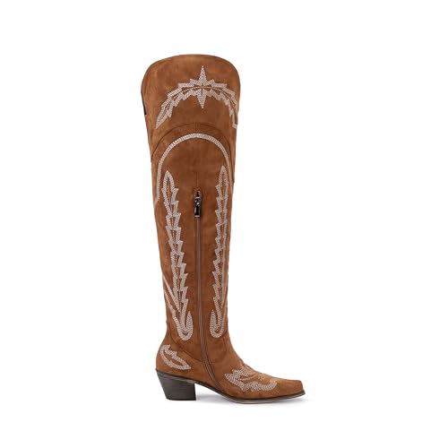 Image of olomisa Over the Knee Cowboy Boots for Women Embroidery Cowgirl Boots Chunky Heel Side Zipper Boots Thigh High Western Boots