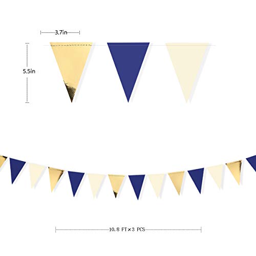 Image of 30Ft Navy Blue Gold and Beige Party Decorations Royal Blue Gold Triangle Flag Pennant Banner Bunting for Graduation Birthday Wedding Bridal Shower Nautical Ahoy Achor Theme Party Decorations Supplies