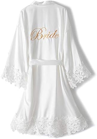 DQSSYTTX Bride Robes with Lace Trim Embroidery Silky Satin Bathrobe for Women Wedding Party Sleepwear Kimono Bridesmaid Robe