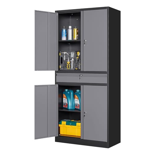 Image of Yizosh Metal Garage Storage Cabinet with Locking Doors and Adjustable Shelves, 71 inch Steel Tool Storage Cabinet with 1 Drawer for Garage,Office,Warehouse (Gray Black)