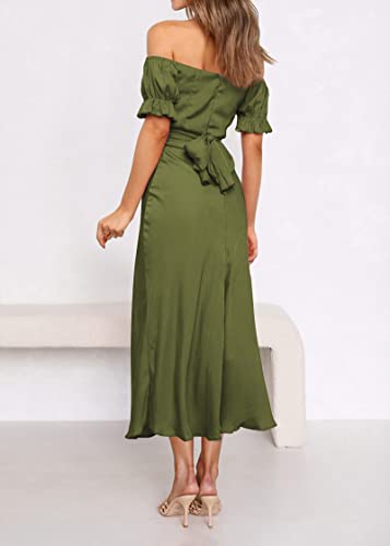 Image of KIRUNDO Women's Satin Summer Wedding Guest Cocktail Dress | 2026 Spring Fall Party Midi Dress, Silky, Elegant Off Shoulder Short Sleeve, Ruffle Mermaid Hem, Wrap Prom Formal Outfits